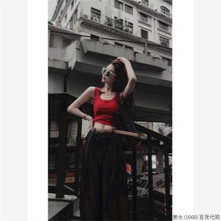 美背吊带上衣女2025年夏季 气质修身 港味覆古红色u领字母打底背心
