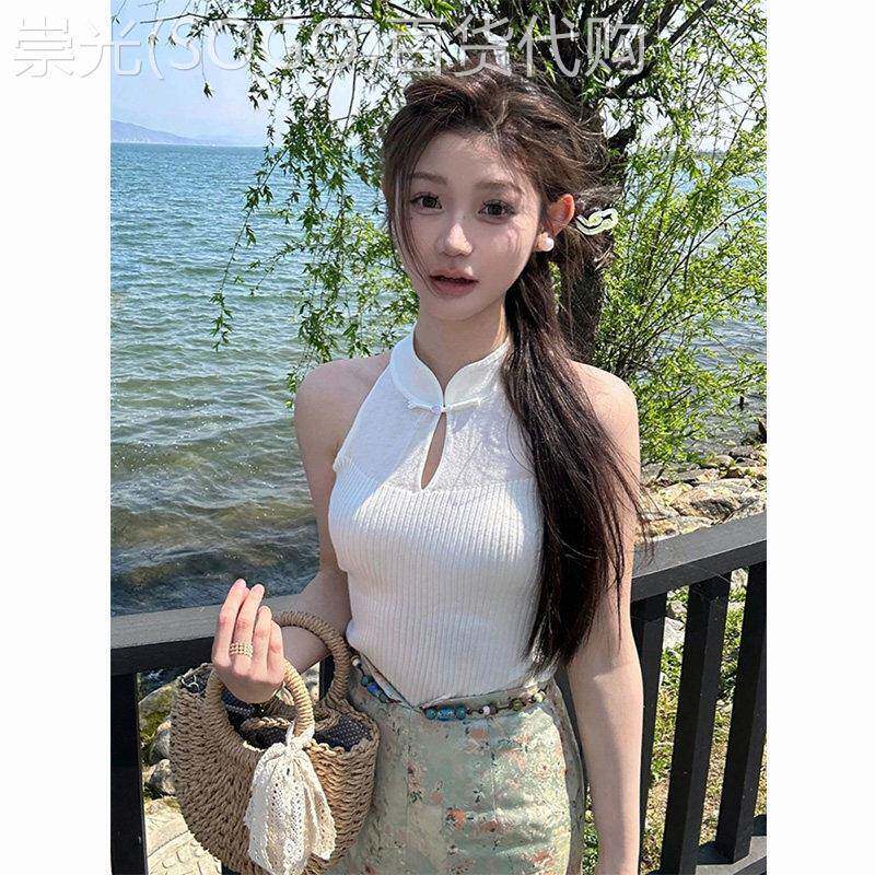 新中式盘扣镂空挂颈无袖针织背心女夏季辣妹修身内搭国风上衣外穿