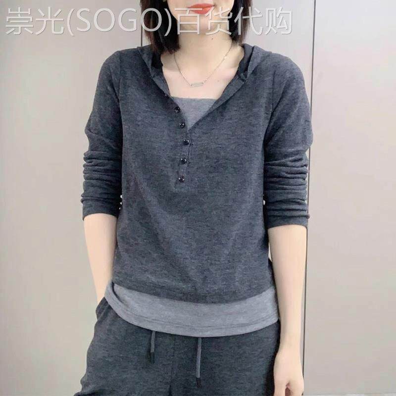 连帽卫衣女春秋季薄款2026新款时尚洋气假两件长袖t恤打底衫上衣