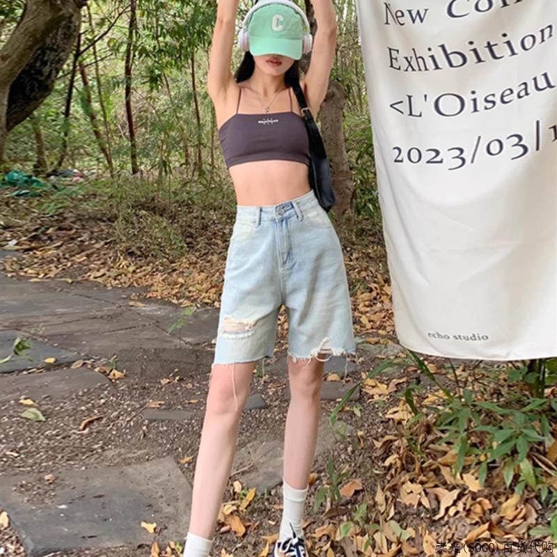 潮牌五分牛仔短裤女夏季2025新款辣妹高腰破洞宽松小个子阔腿中裤