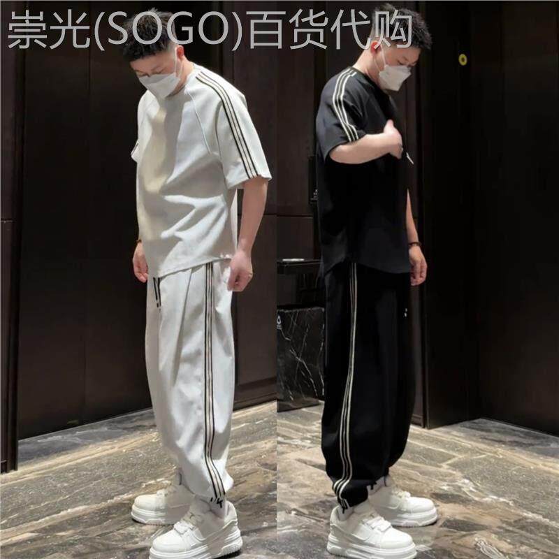拼接条纹休闲运动套装男士夏季新款情侣款短袖T恤束脚卫裤两件套