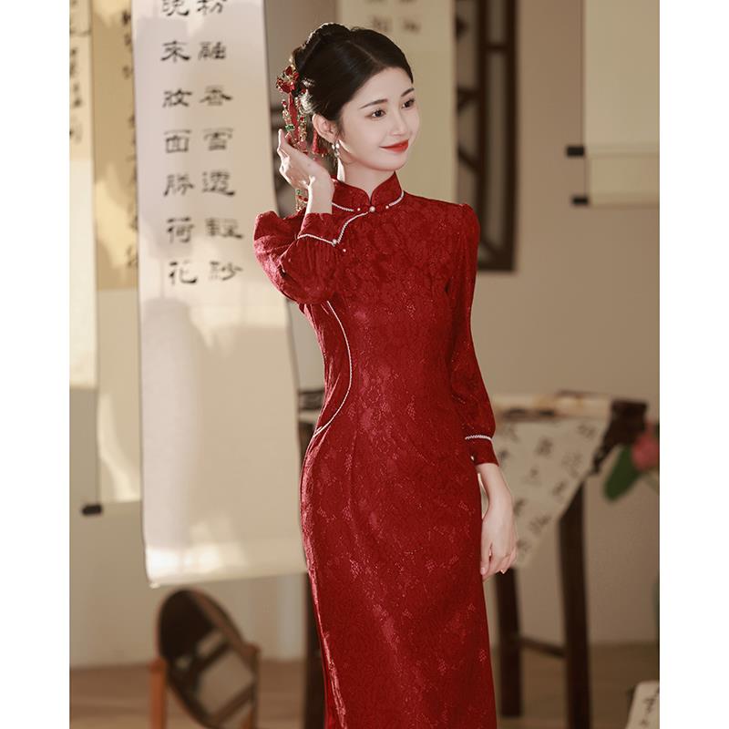 新中式气质订婚红色回门连衣裙女2024秋冬新款长袖敬酒服新娘旗袍