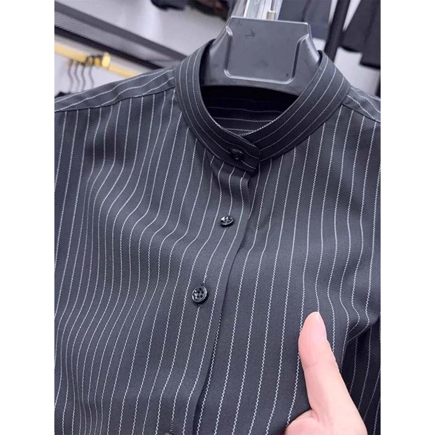 MK正品竖条纹立领衬衫男长袖春秋季免熨烫高端商务休闲青年男士衬