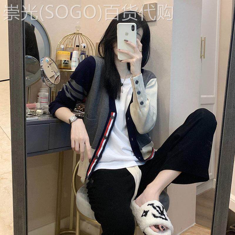 韩国潮牌tb针织衫女春秋欧货条纹小衫设计感覆古软糯毛衣开衫外套