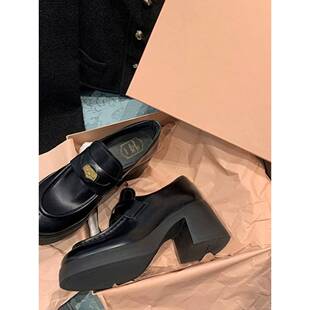 明星同款复古圆头金币增高粗跟小皮鞋女秋冬高跟厚底英伦风乐福鞋