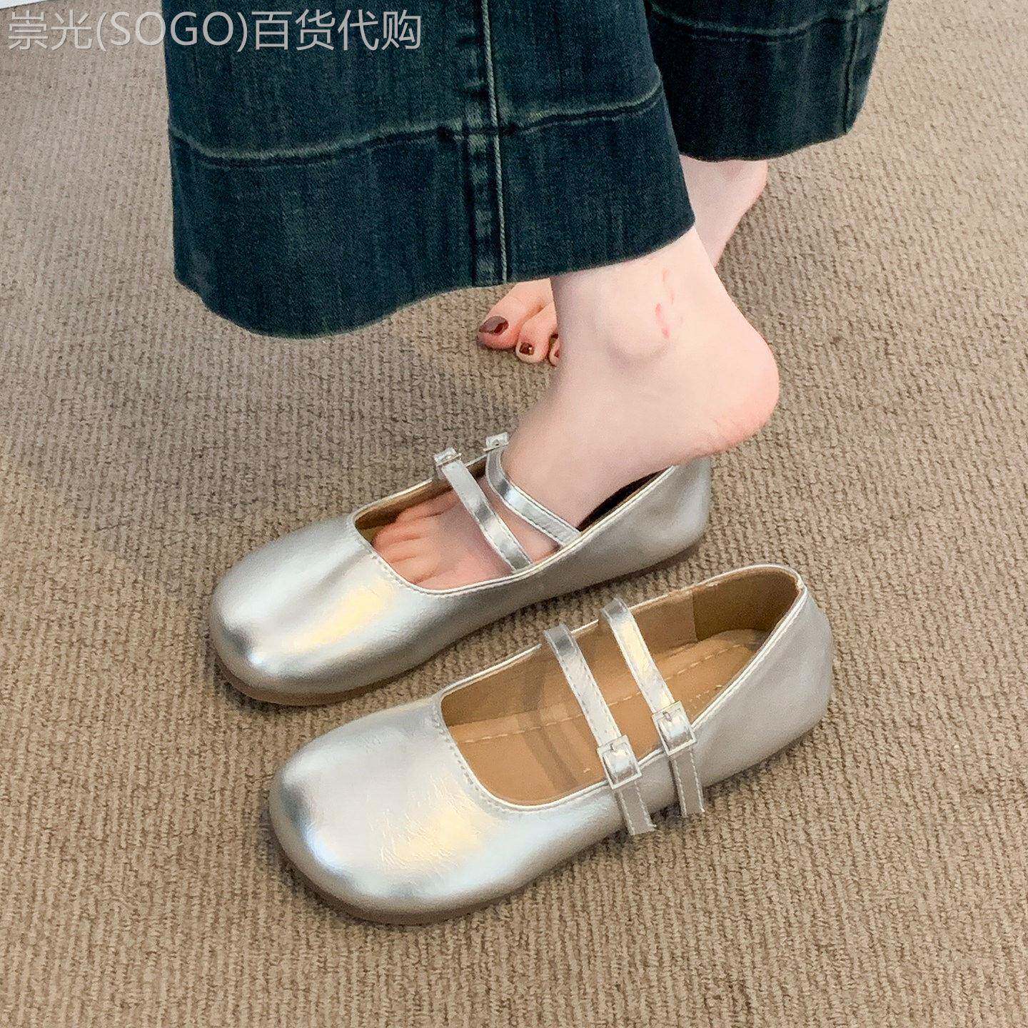 英国真皮银色玛丽珍鞋女夏季2026新款平底小皮鞋浅口豆豆晚晚单鞋