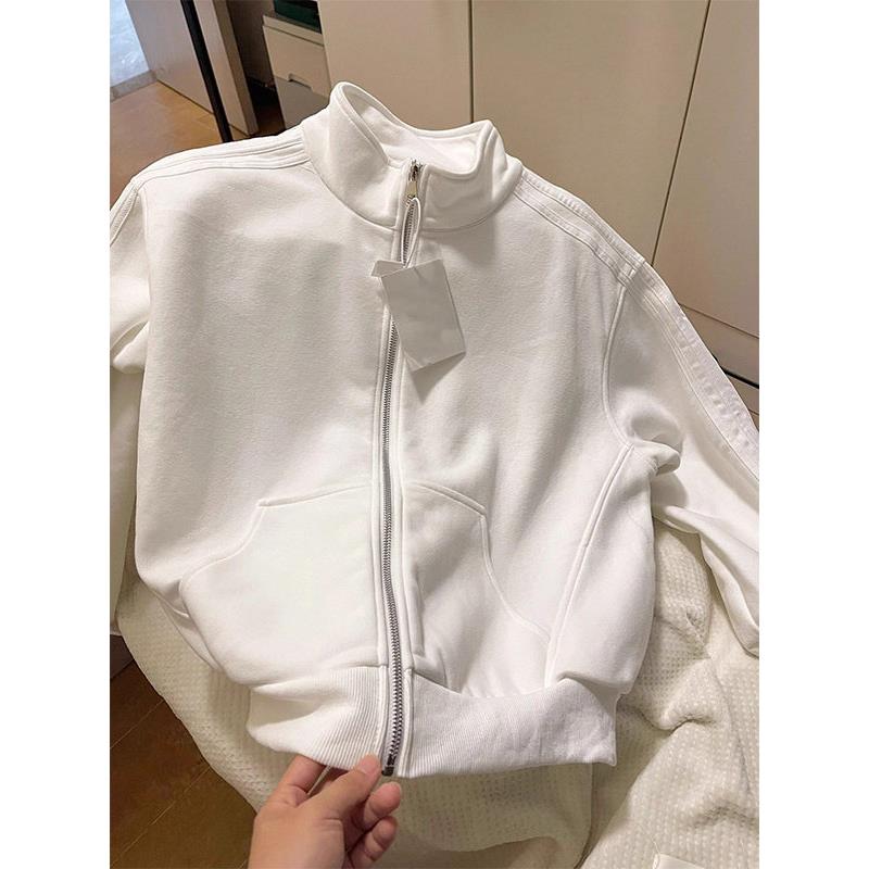 白色立领长袖棒球服女春秋欧货修身显瘦高级感运动通勤风拉炼外套