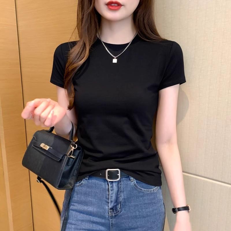 短袖t恤女2025夏季新款正肩时尚洋派修身显瘦纯棉半高领短款上衣