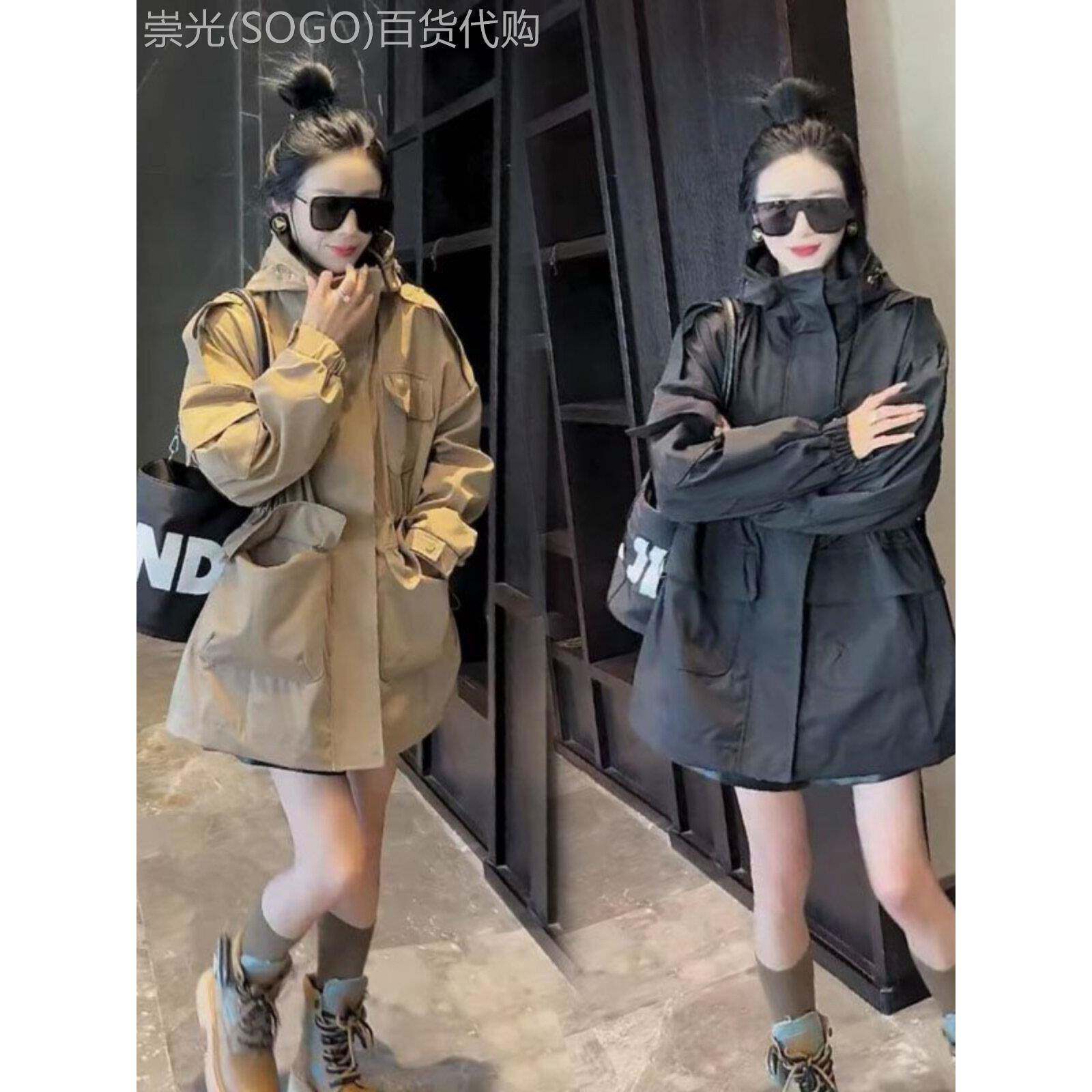 立领休闲连帽工装外套女秋冬季欧货中长款风衣收腰抽绳防风冲锋衣