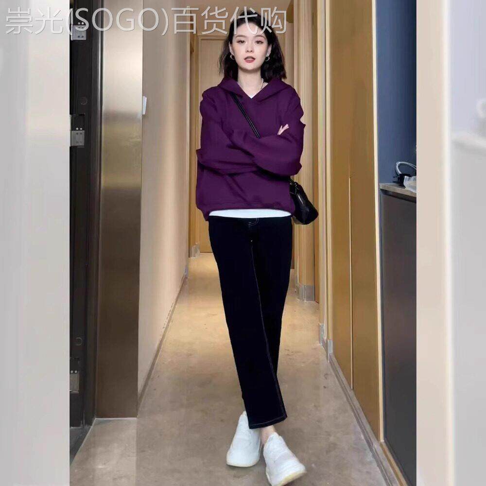 美式复古紫色连帽套头卫衣女春秋2026新款小个子宽松纯色长袖上衣