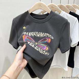 t恤女夏季 短款 欧洲站纯棉正肩短袖 2025新款 潮 上衣半袖 显瘦打底衫