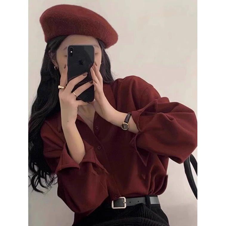 港风覆古酒红色长袖衬衫女春秋欧货慵懒风上衣简约叠穿衬衣外套