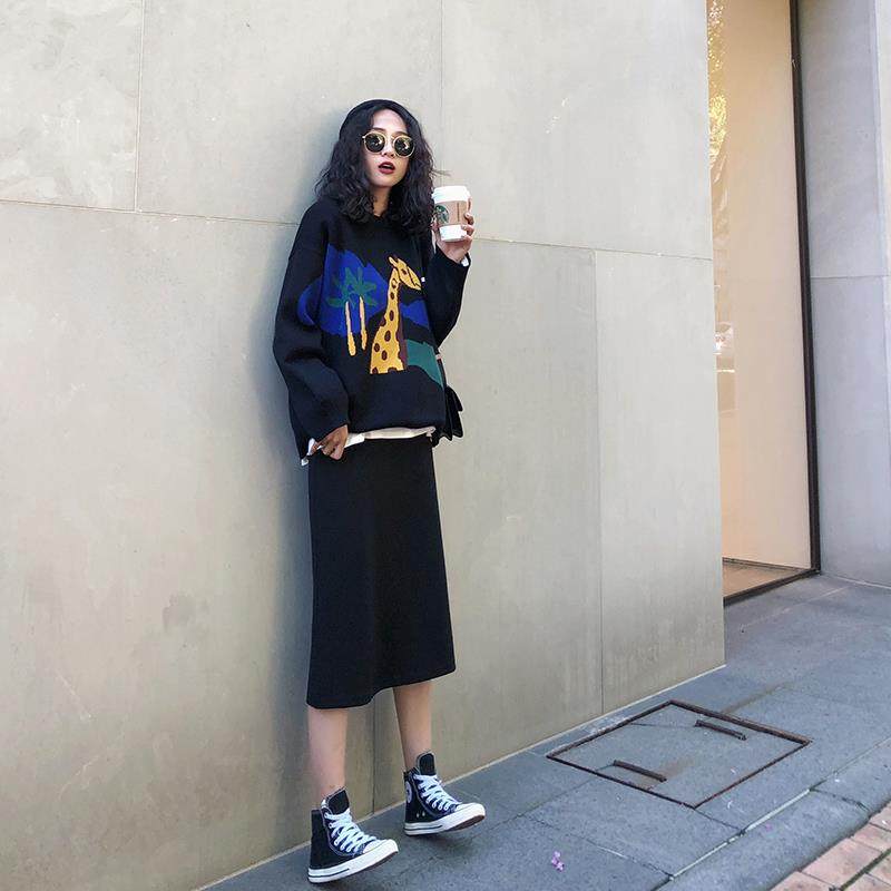 欧洲站网红新款减龄时髦个性英伦风针织毛衣阔腿裤两件套装裙子冬