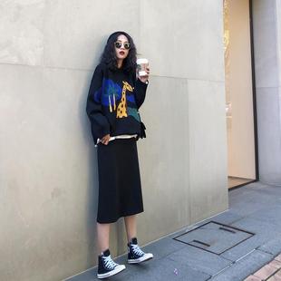 欧洲站网红新款减龄时髦个性英伦风针织毛衣阔腿裤两件套装裙子冬