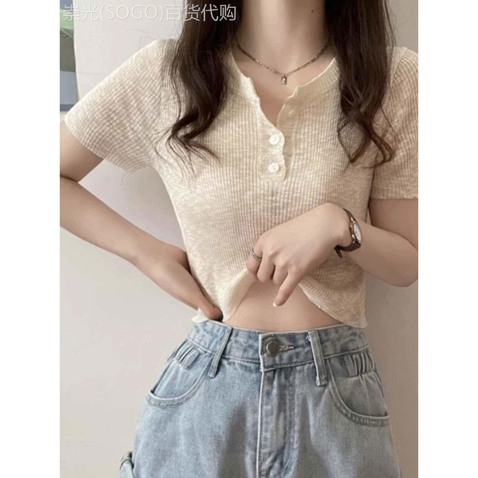 潮牌短袖T恤女士夏季时尚针织衫小个子修身显瘦百搭镂空短款上衣