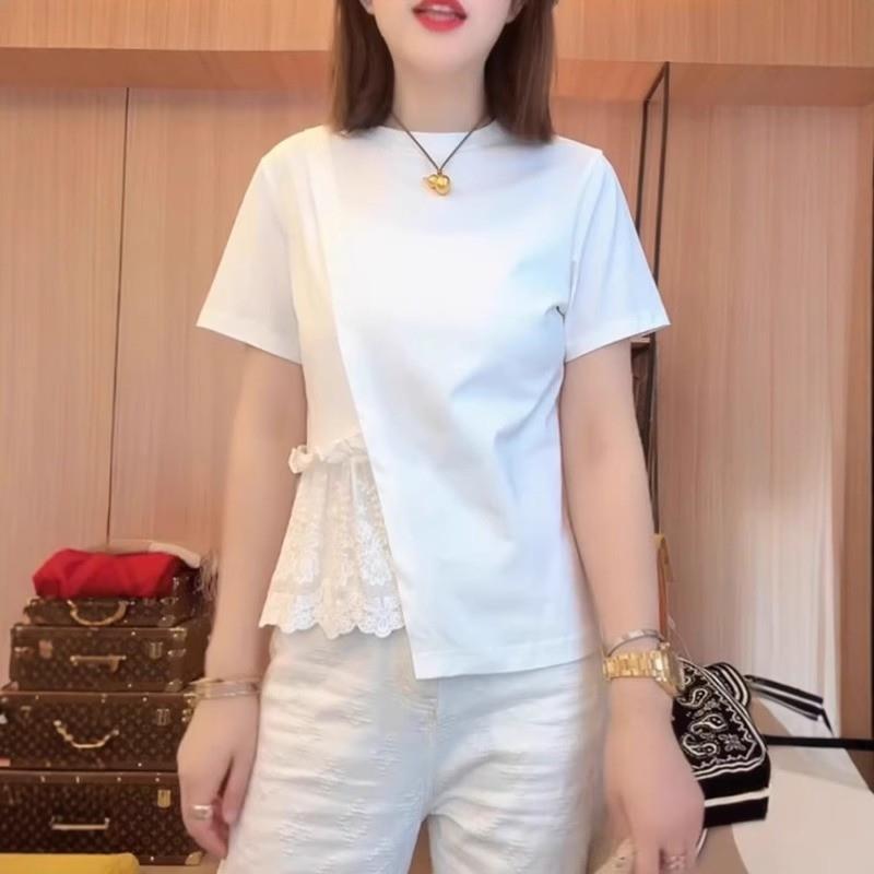 正肩短袖t恤女夏季薄款2025新款大码显瘦不规则蕾丝半袖体恤上衣