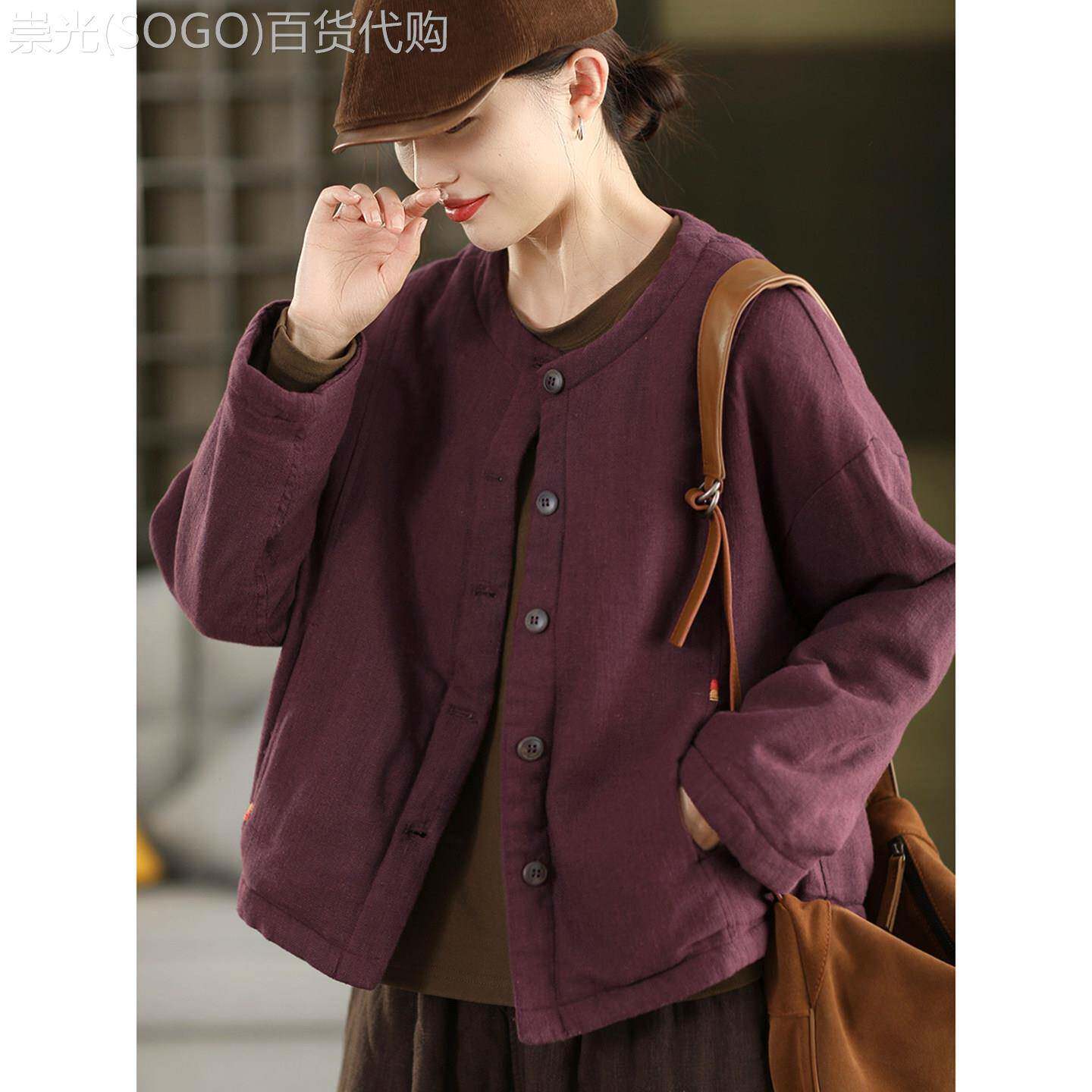复古砂洗麻夹棉外套女秋冬季2025年新款加厚保暖棉服单排扣棉衣女