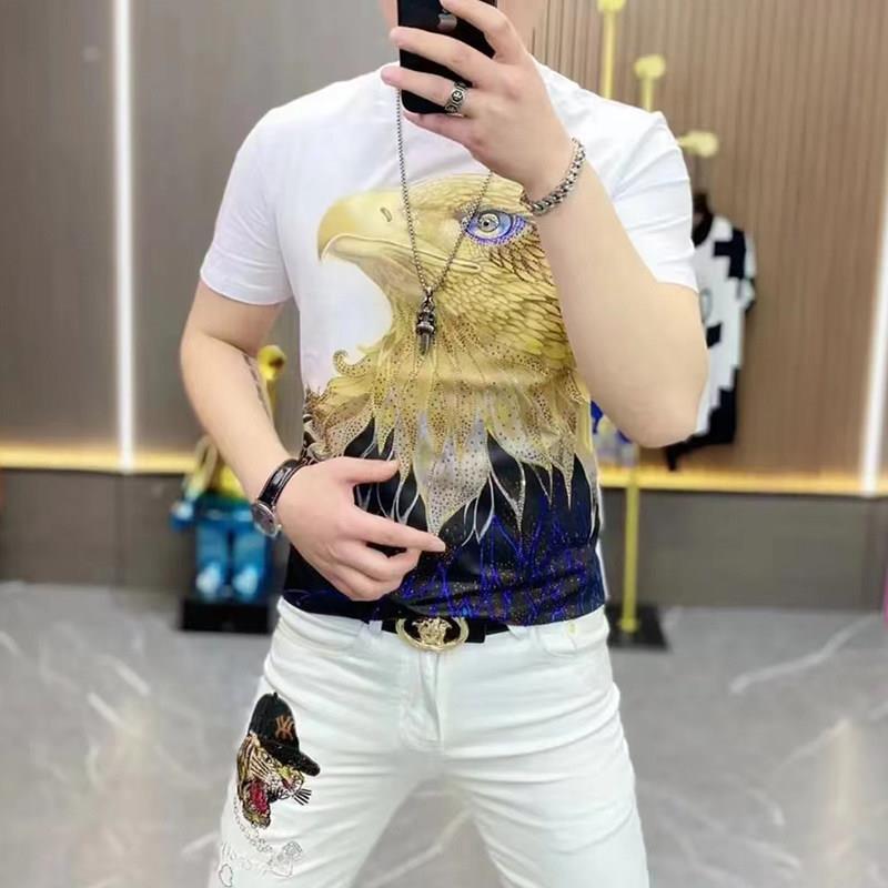 欧洲站男士短袖T恤2026夏季新款丝光棉老鹰印花烫钻圆领修身上衣