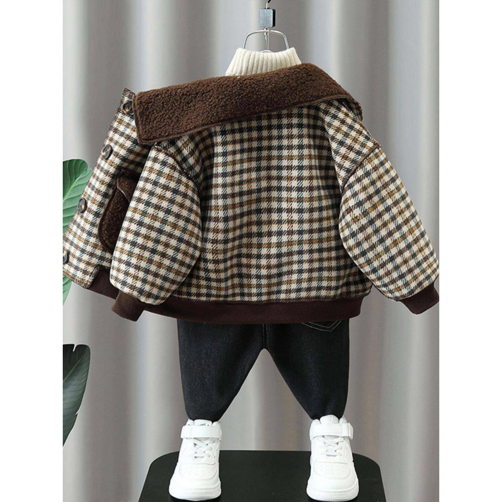 韩国男童羊羔绒外套秋冬装宝宝加绒加厚呢子上衣儿童时髦格子衣服