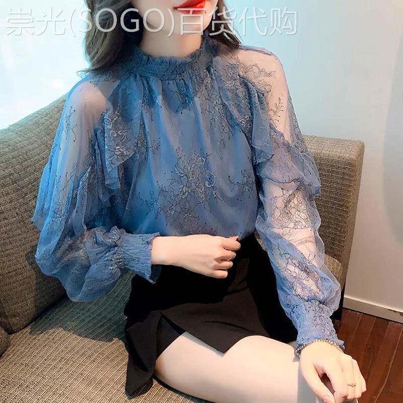 薄款性感长袖雪纺衫女春秋款欧货时尚宽松显瘦上衣洋气荷叶边小衫