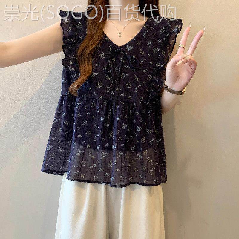 潮牌夏季碎花V领雪纺短袖衬衫女士大码胖mm舒适小飞袖娃娃衫上衣