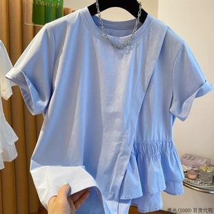 香港加大码 设计上衣 不规则拼接短袖 T恤女夏宽松遮肚子高级感时尚