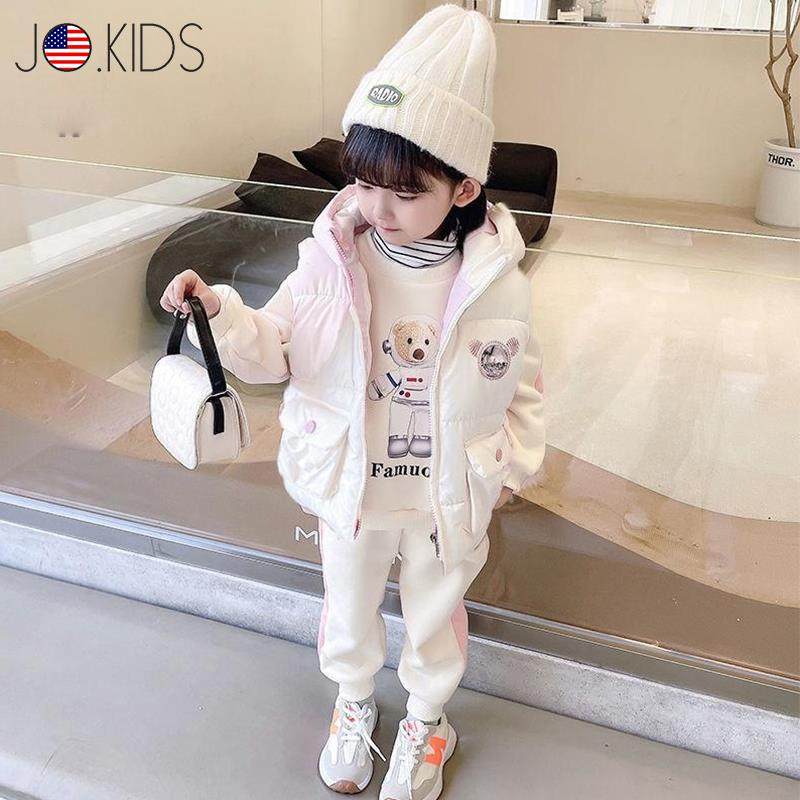 美国JO女童冬季加绒套装2024新款女宝宝加厚休闲卫衣马甲三件套潮