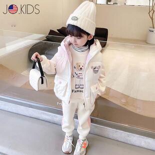 美国JO女童冬季加绒套装2024新款女宝宝加厚休闲卫衣马甲三件套潮