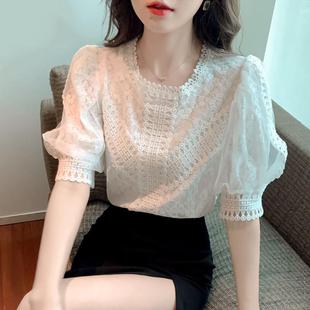 洋氣小衫 蕾絲上衣 2025新款 雪紡衫 短袖 泡泡袖 女夏季 設(shè)計感小眾襯衫