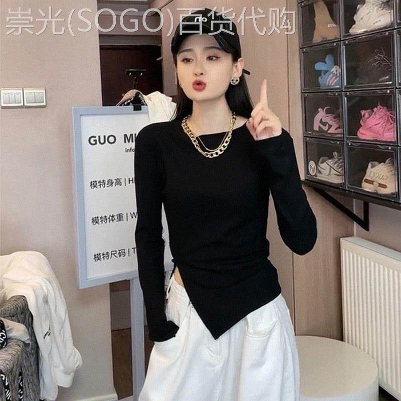 黑色侧开叉不规则T恤女春秋深圳欧货小衫修身内搭垫肩长袖打底衫