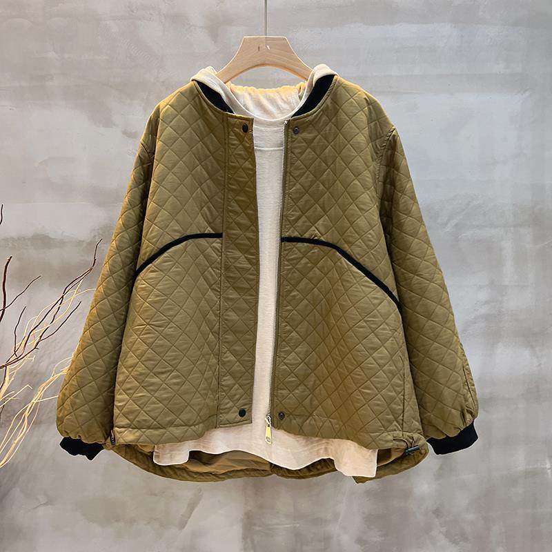 高级感秋冬季新款大码菱格薄款棉服外套宽松休闲拼色夹棉棒球服女