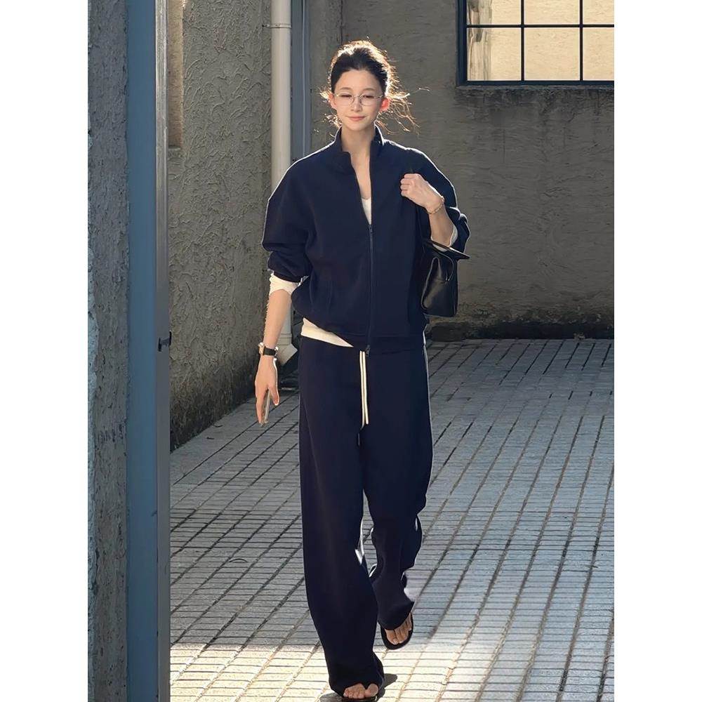 潮牌运动服套装女2025春秋季欧货休闲显瘦小香风蓝色卫衣两件套装