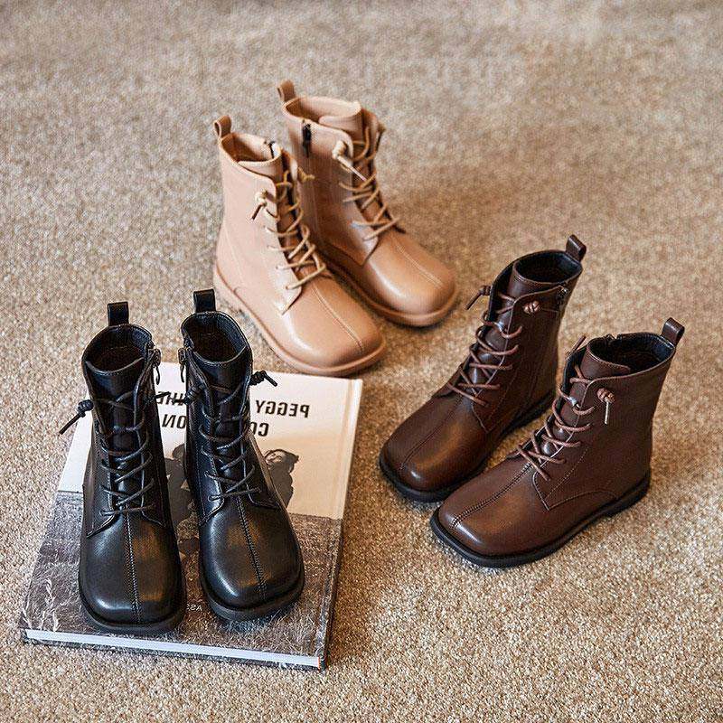 韩国女童马丁靴秋冬黑色方头公主单靴英伦风靴子加绒真皮儿童短靴