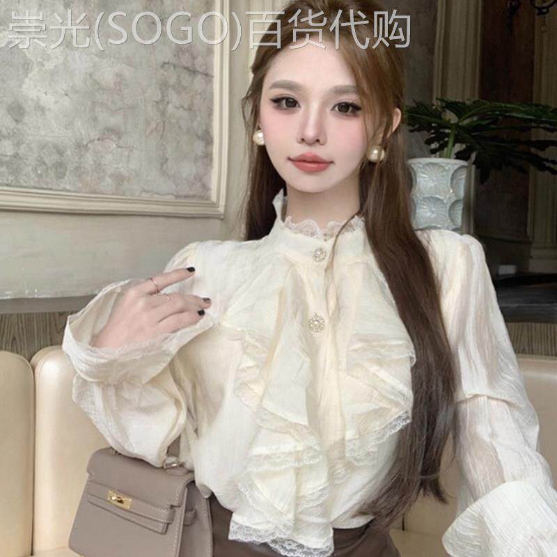 秋冬小香风荷叶边蕾丝衬衫女半高领打底衫内搭宫廷泡泡喇叭袖上衣