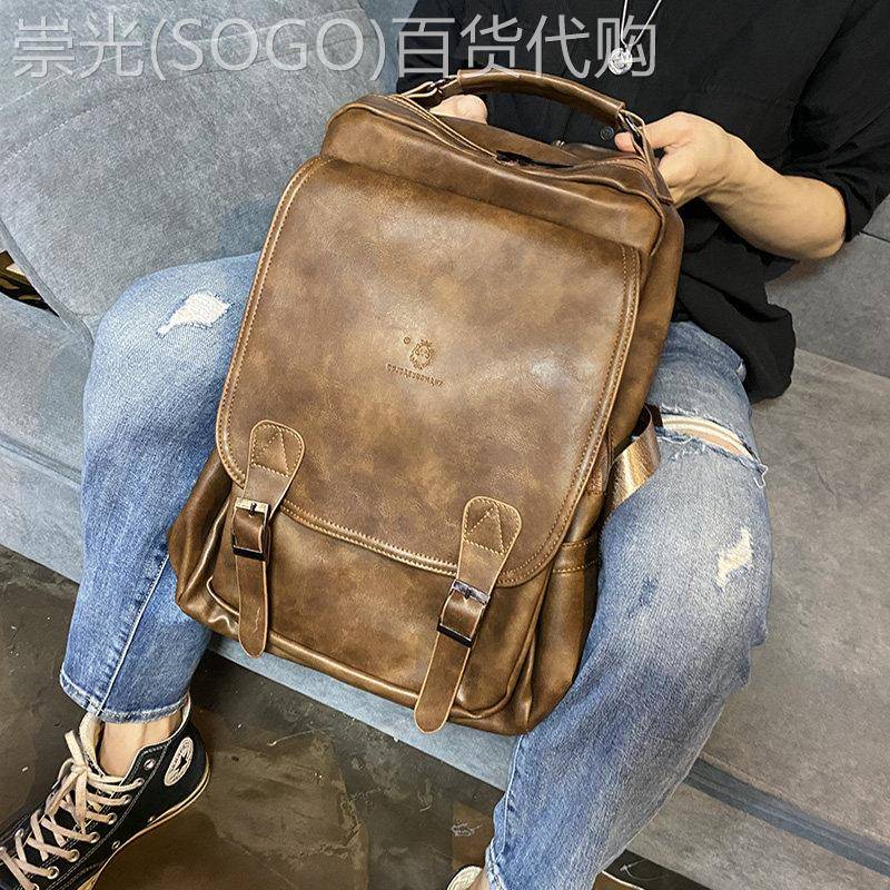 香港男士真皮后揹包大容量学生书包揹包复古方形旅行包休闲电脑包