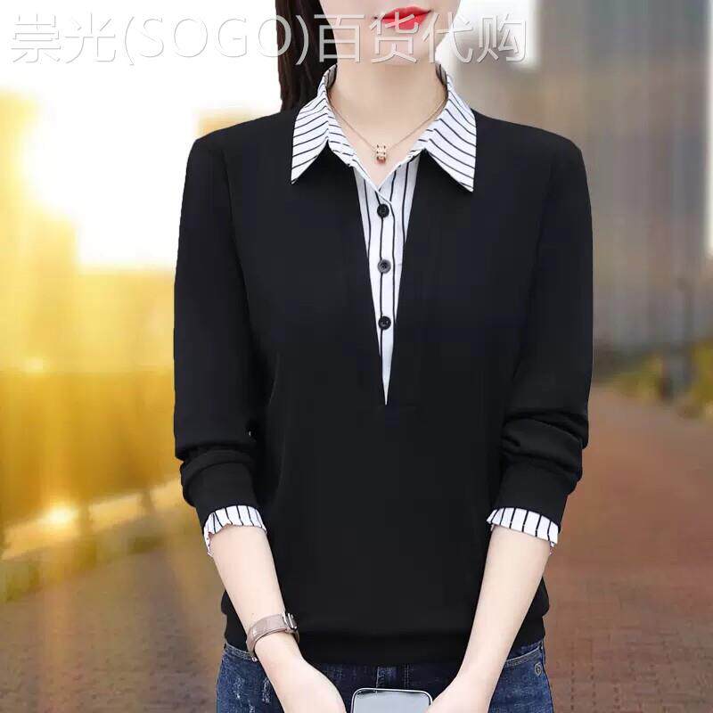 2025秋冬新款条纹拼接假两件女士卫衣中年妈妈加绒加厚翻领上衣