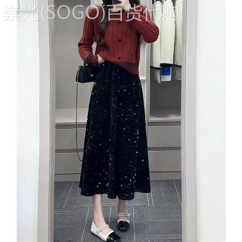 黑色亮片半身裙女冬季2025新款高腰显瘦中长款a字宽松遮胯裙子