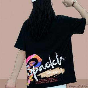 上衣流行爆款 潮牌2025夏女装 t恤中长款 新款 后背图案 女士纯棉短袖