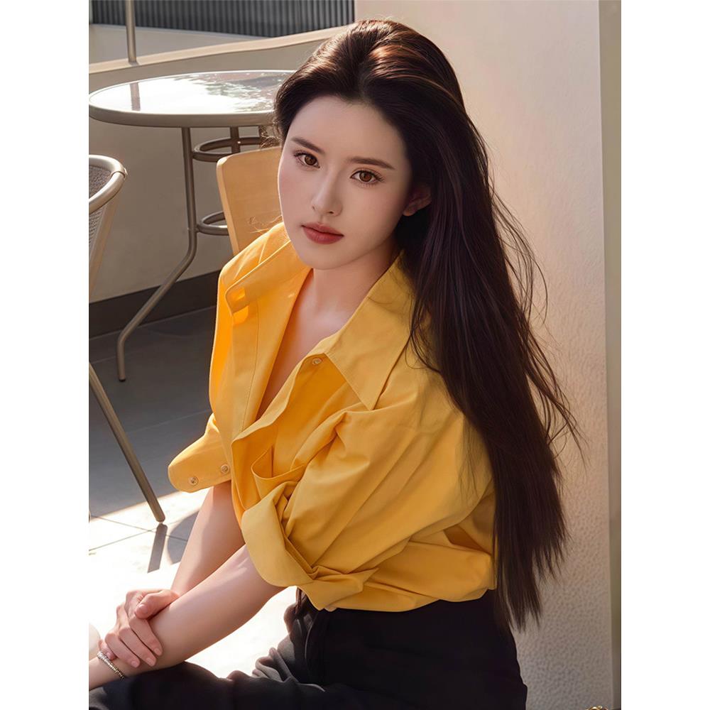 潮牌明星同款黄色翻领长袖衬衫衬衣女2025春秋新款高级感百搭上衣