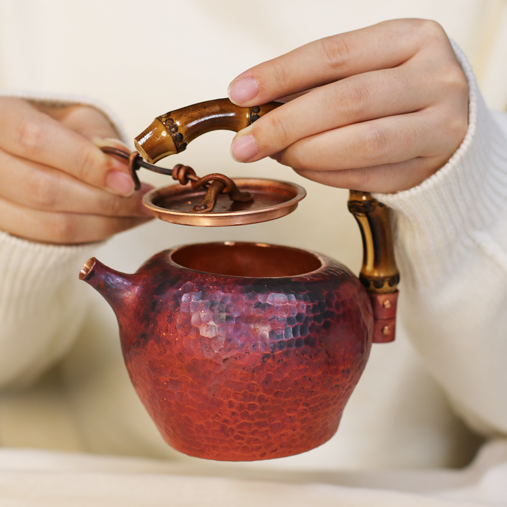 纯铜手工一张打竹节紫铜半月壶 煮茶壶 铜壶 家用茶壶烧水老式壶