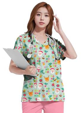 圣诞雪人卡通图案洗手衣短袖上衣V领速干薄款工作服护士服男女