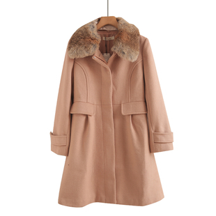 女式 新款 收腰显瘦 大衣上衣外套冬季 日单兔毛领可拆毛呢混纺长袖