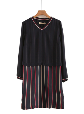 专柜639元【S】高端品牌女秋新款时尚百搭条纹黑色宽松长袖连衣裙