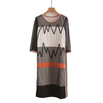 专柜699元【S】高端品牌女修身显瘦钉珠绣花拼接网纱双层连衣裙