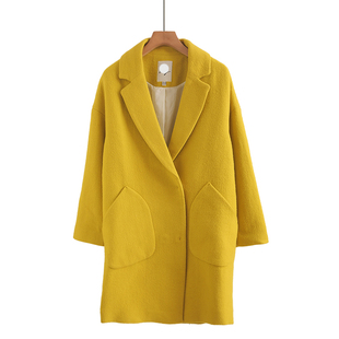 茧型小个子羊毛大衣中长款 呢子女秋冬宽松毛呢外套柠檬黄暗扣