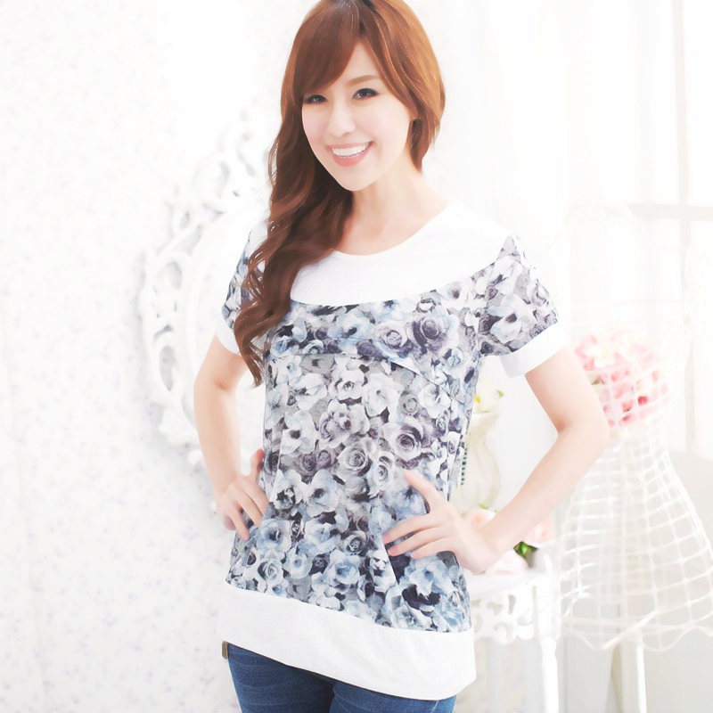 灰白哺乳产后哺乳夏装外出t恤时尚半短袖喂奶衣服月子服夏季上衣
