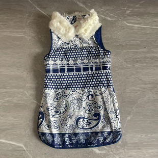 青花瓷印花女童夹棉无袖旗袍 送毛领冬季童装连衣裙唐装旗袍