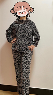 秋冬豹纹睡衣套装 女加厚套头高领不掉毛珊瑚绒情侣家居服