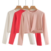 短款 纯棉白色紧身内搭长袖 打底衫 T恤女春秋小个子高腰露脐上衣潮