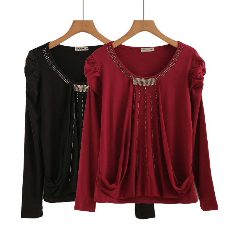 30-40岁秋衣遮肚子显瘦打底衫女春秋褶皱长袖中年人点钻修身上衣